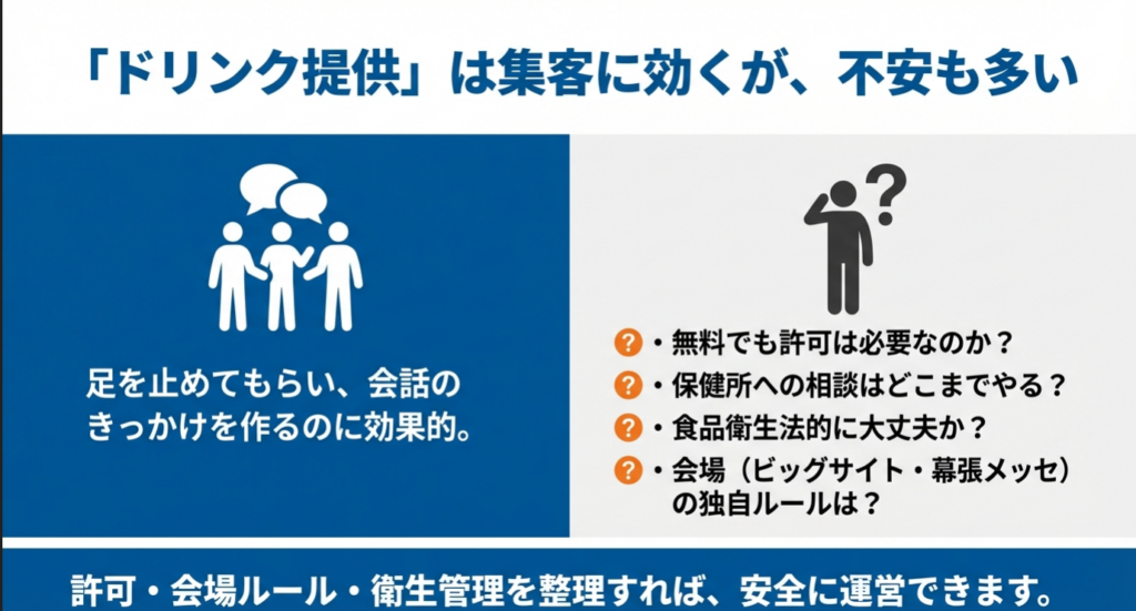 展示会でのドリンク提供が集客と会話のきっかけになるメリットと、許可や衛生面での不安点