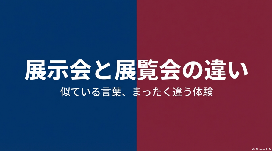 「展示会と展覧会の違い 似ている言葉、まったく違う体験」と書かれたタイトルスライド。