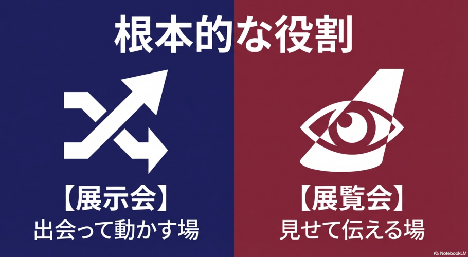 ビジネス寄りの展示会（出会って動かす場）と、文化寄りの展覧会（見せて伝える場）の役割を対比させた図解。