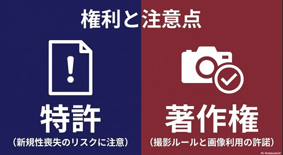 展示会での特許（新規性喪失のリスク）と、展覧会での著作権（撮影ルールと画像利用）に関する警戒ポイント。