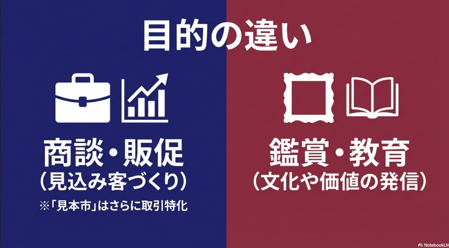 展示会（商談・販促）と展覧会（鑑賞・教育）の目的の違いに加え、取引特化型の「見本市」についても触れた図解。