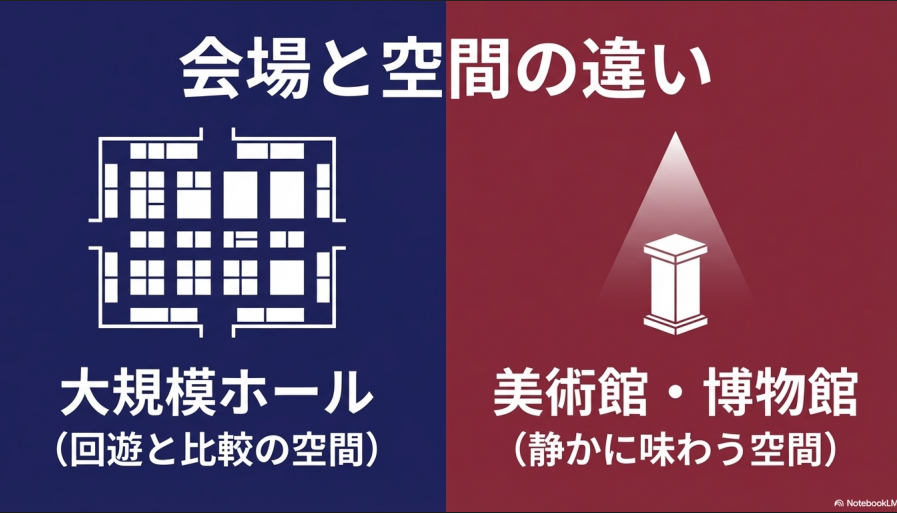 多数のブースが並ぶ大規模ホールの展示会と、一点一点を静かに味わう美術館・博物館の空間を比較したイラスト。