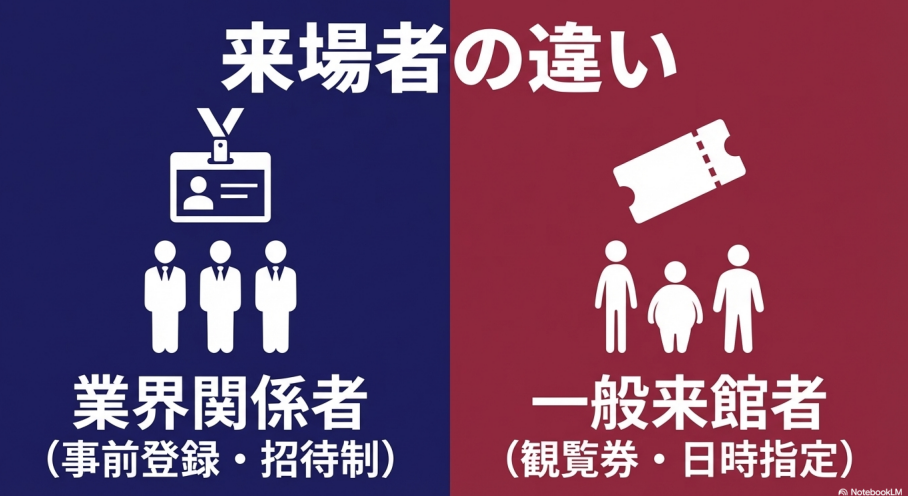 事前登録・招待制の業界関係者（展示会）と、観覧券・日時指定の一般来館者（展覧会）の入場プロセスの違い。