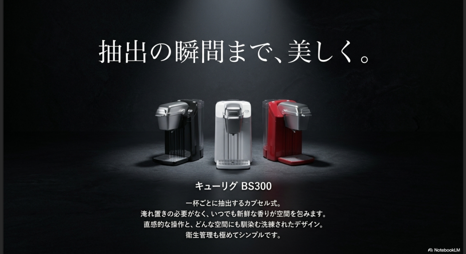 カプセル式コーヒーマシン「キューリグ BS300」の紹介。一杯ずつの抽出による新鮮な香りと、空間に馴染む洗練されたデザイン、シンプルな衛生管理を強調している。