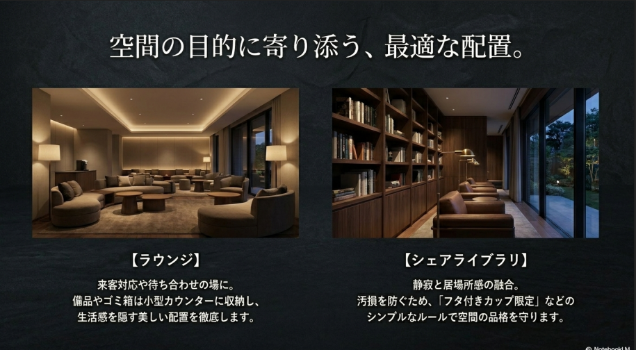 マンションのラウンジとシェアライブラリにおけるコーヒーマシンの設置イメージ図。