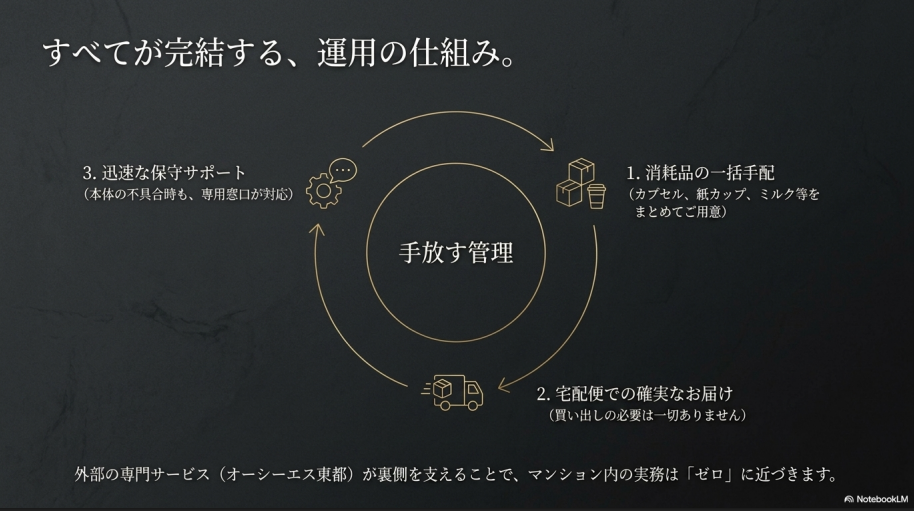 消耗品手配、宅配、保守サポートがサイクルになっている「手放す管理」の図解。