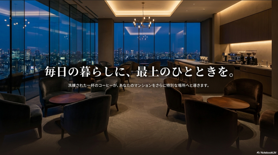 洗練されたコーヒーの一杯がマンションの価値を高めるイメージメッセージ。