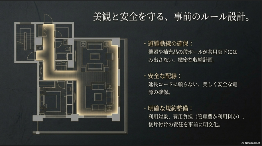 避難動線の確保や電源配置、収納計画を示したマンションの図面イメージ。