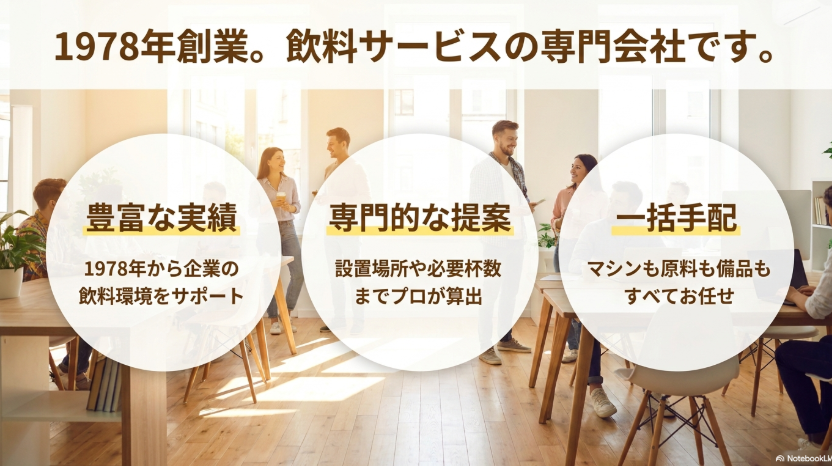 1978年創業。飲料サービスの専門会社です。豊富な実績、専門的な提案、一括手配でお任せください。