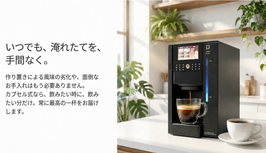 いつでも、淹れたてを、手間なく。作り置きによる風味の劣化や、面倒なお手入れはもう必要ありません。カプセル式なら、飲みたい時に、飲みたい分だけ。