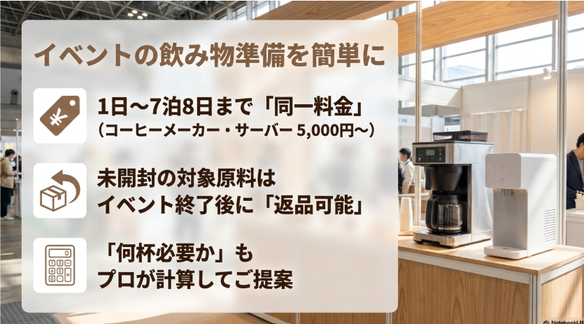 イベントの飲み物準備を簡単に。1日〜7泊8日まで同一料金。未開封の対象原料は返品可能。