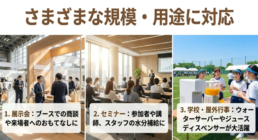 さまざまな規模・用途に対応。展示会、セミナー、学校・屋外行事などでの活用イメージ。
