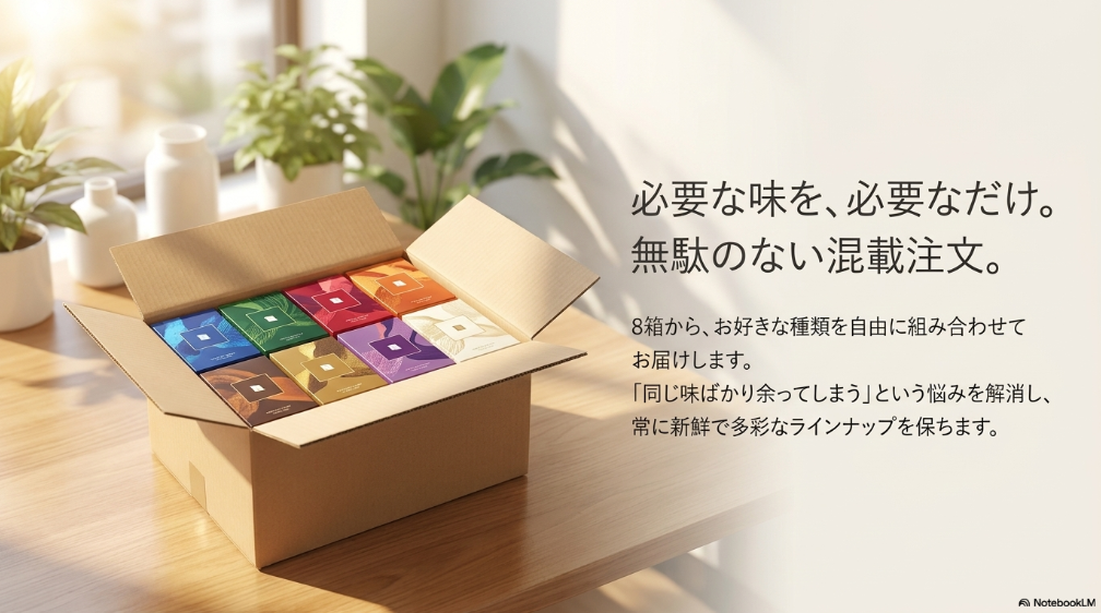 必要な味を、必要なだけ。無駄のない混載注文。8箱から、お好きな種類を自由に組み合わせてお届けします。「同じ味ばかり余ってしまう」という悩みを解消し、常に新鮮で多彩なラインナップを保ちます。