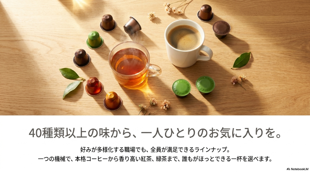 40種類以上の味から、一人ひとりのお気に入りを。好みが多様化する職場でも、全員が満足できるラインナップ。一つの機械で、本格コーヒーから香り高い紅茶、緑茶まで、誰もがほっとできる一杯を選べます。