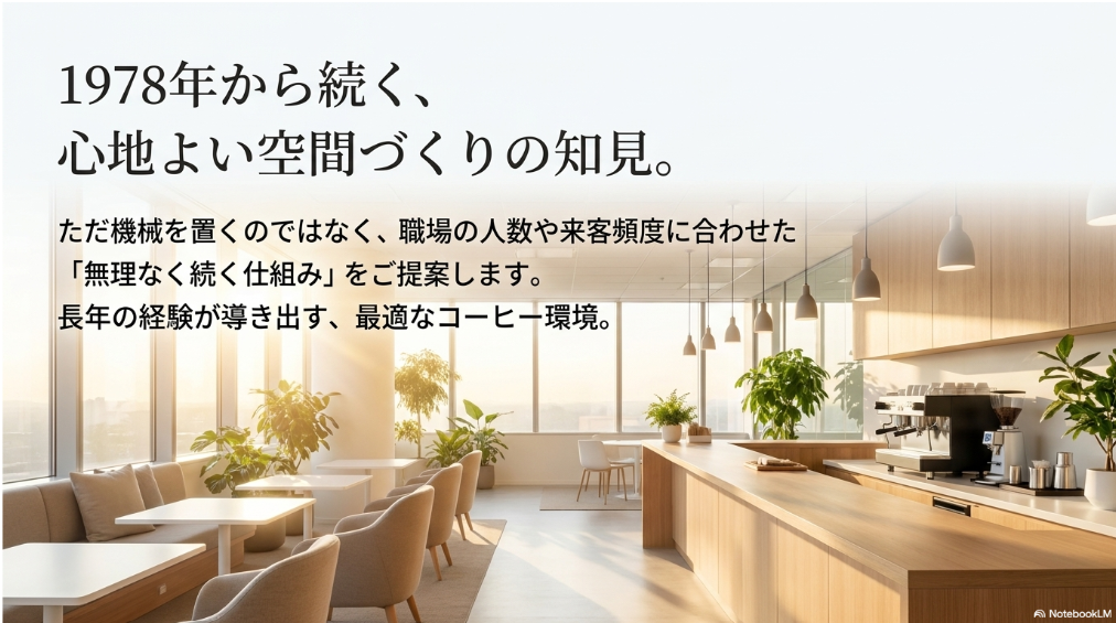 1978年から続く、心地よい空間づくりの知見。ただ機械を置くのではなく、職場の人数や来客頻度に合わせた「無理なく続く仕組み」をご提案します。