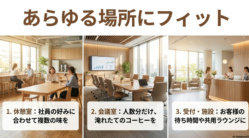 あらゆる場所にフィット。休憩室、会議室、受付・施設などの設置イメージ。