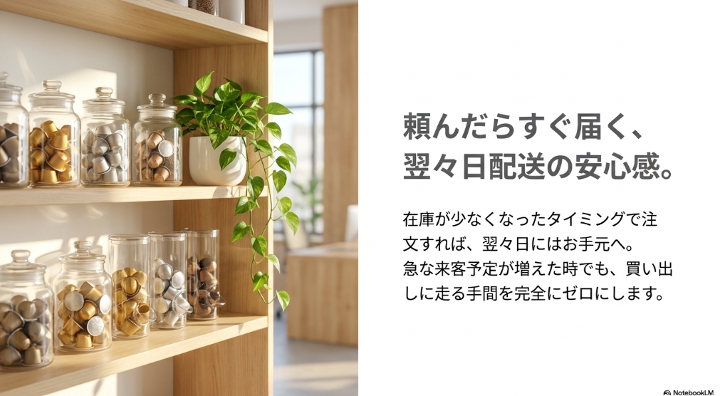 頼んだらすぐ届く、翌々日配送の安心感。在庫が少なくなったタイミングで注文すれば、翌々日にはお手元へ。急な来客予定が増えた時でも、買い出しに走る手間を完全にゼロにします。
