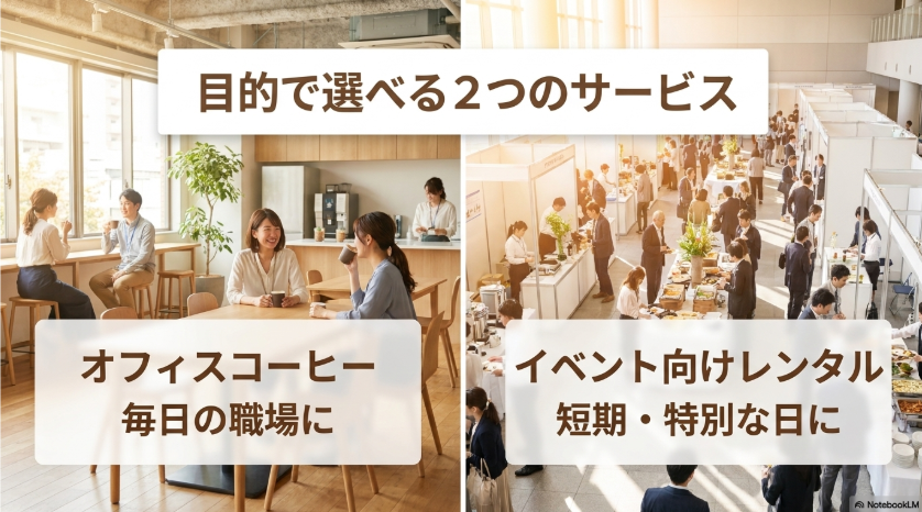 目的で選べる2つのサービス。毎日の職場向けのオフィスコーヒーと、短期・特別な日向けのイベント向けレンタル。