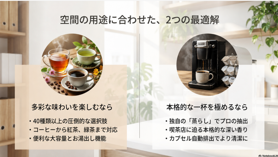 空間の用途に合わせた、2つの最適解。多彩な味わいを楽しむなら、本格的な一杯を極めるなら。