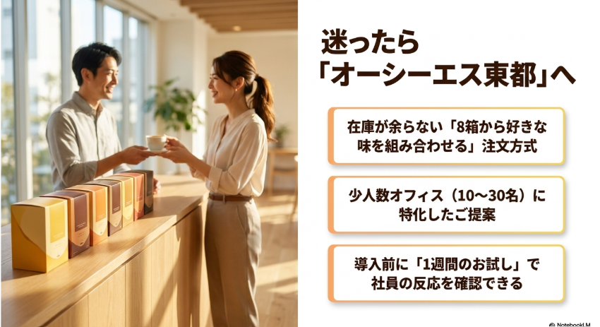 オーシーエス東都が少人数オフィス向けに8箱からの混載注文や1週間のお試しを案内する画像