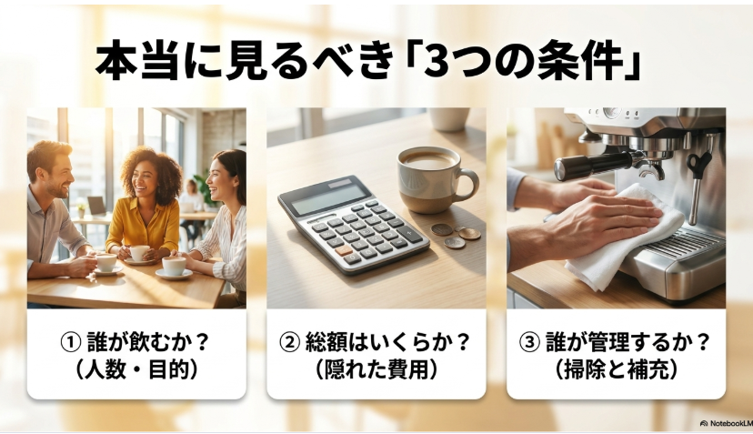 オフィスコーヒー選びで人数・目的、総額費用、管理負担を確認する重要性を示す画像
