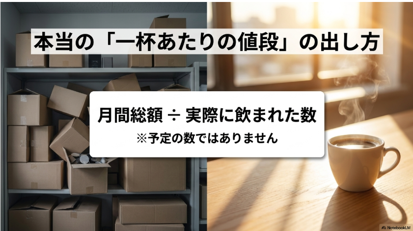月間総額を実際に飲まれた杯数で割りオフィスコーヒーの1杯単価を算出する式