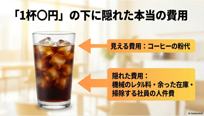 1杯単価だけでなくレンタル料や在庫、清掃の人件費まで見る必要があることを説明する画像