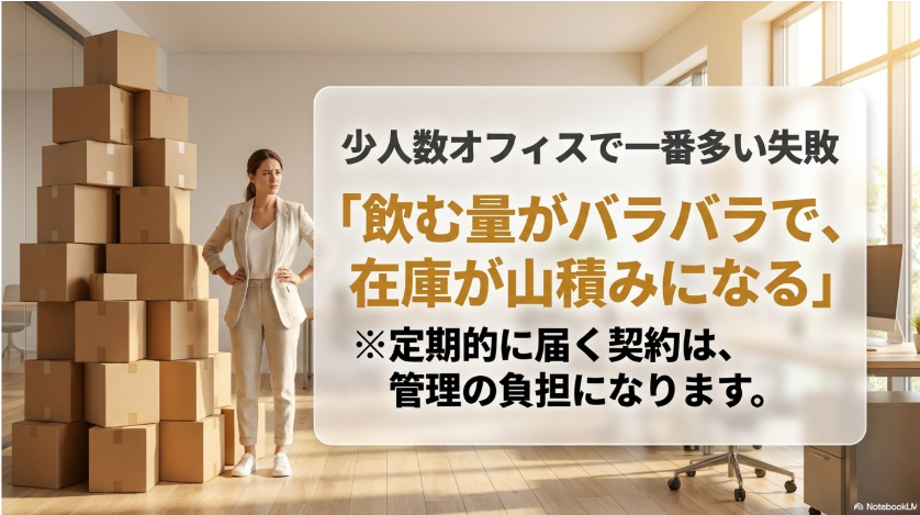 飲む量が安定しない少人数オフィスで原料在庫が余るリスクを示す画像