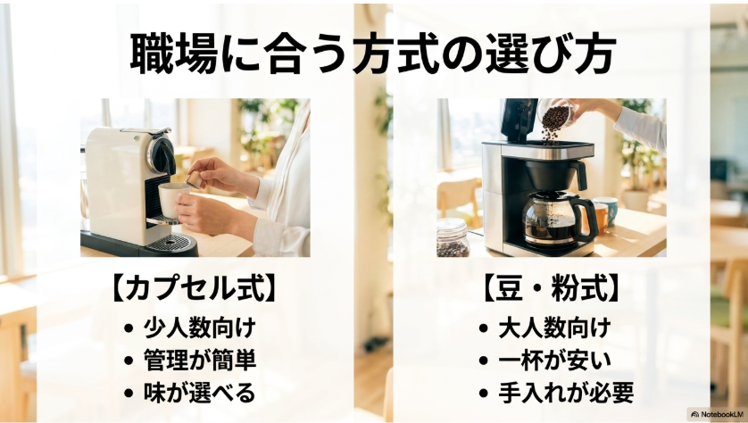 カプセル式と豆・粉式について利用人数、管理、費用、手入れの違いを比較した図