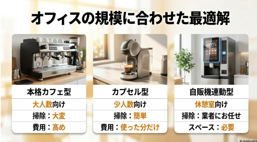 本格カフェ型、カプセル型、自販機連動型の違いをオフィス規模別に比較した画像