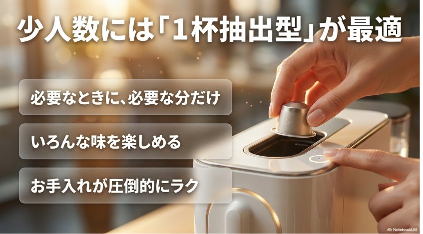少人数オフィスでは必要なときに必要な分だけ使える1杯抽出型が向いていることを示す画像