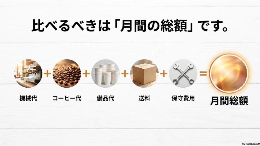 マシン代、コーヒー代、備品代、送料、保守費用を合計して月間総額を算出する図