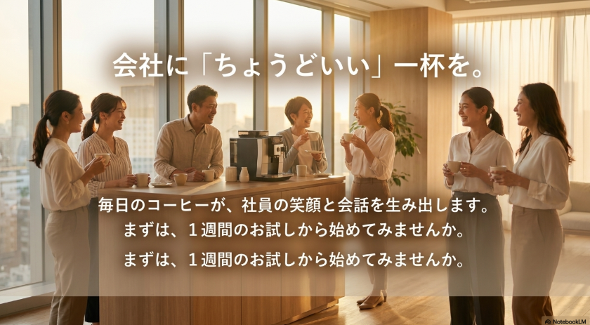 社員の笑顔や会話につながるオフィスコーヒーの導入を提案する締めの画像