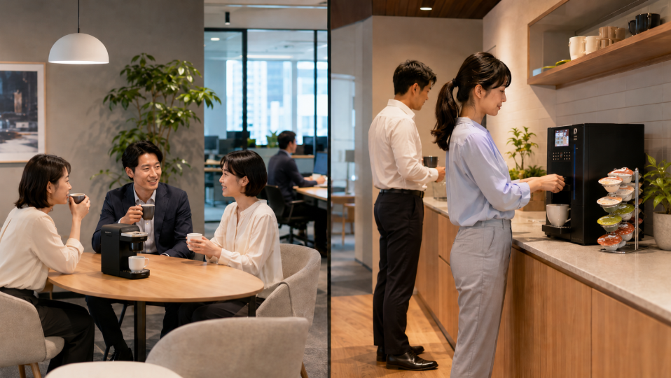 少人数向けと大人数向けのオフィスコーヒーマシンを利用人数別に比較する様子
