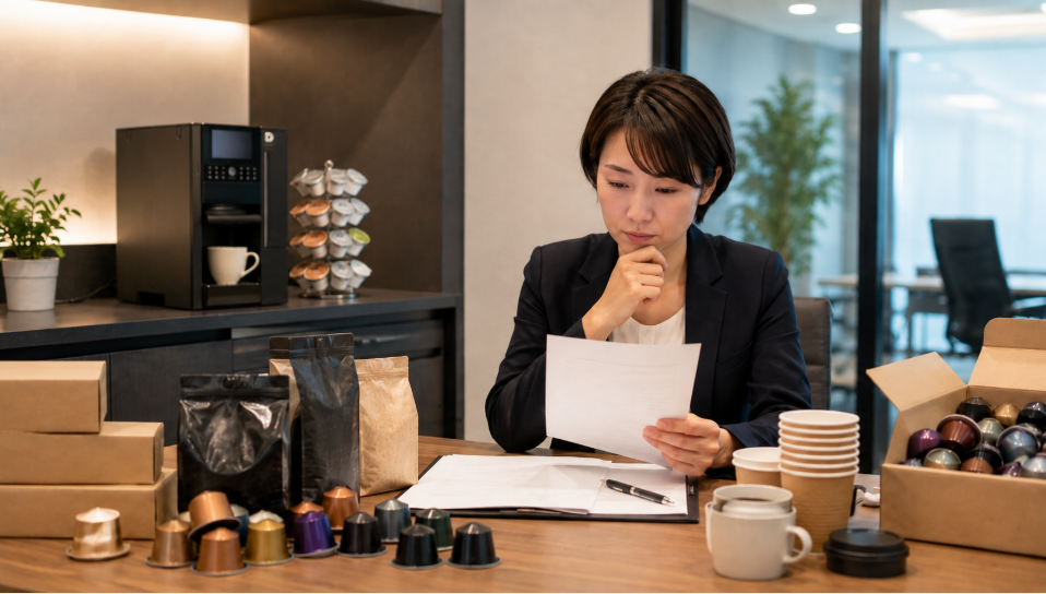 オフィスコーヒーマシンのレンタル費用と原料の購入条件を確認する担当者