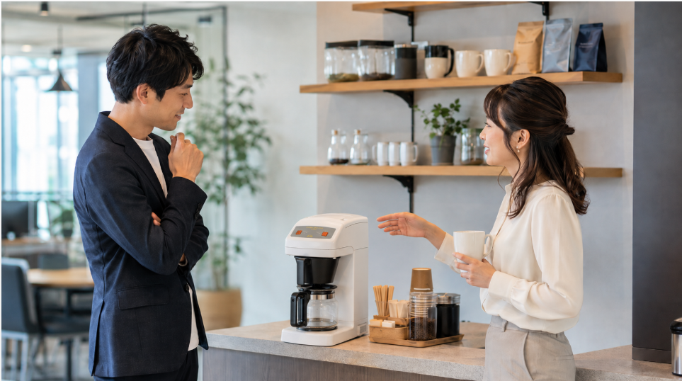 複数杯をまとめて抽出できるオフィス用ドリップコーヒーマシンを検討する社員