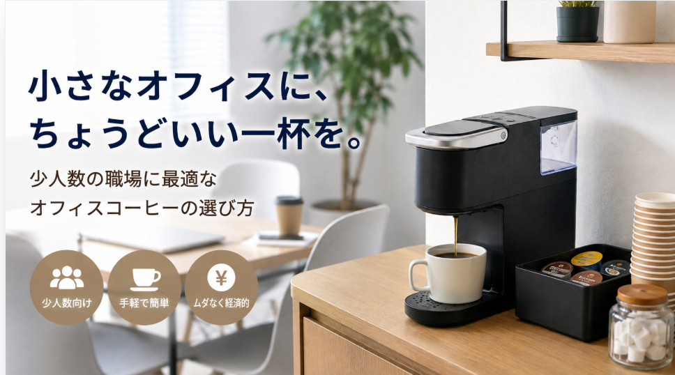 少人数オフィスのカウンターに設置されたカプセル式コーヒーマシンとコーヒーカプセル、紙カップを写したアイキャッチ画像