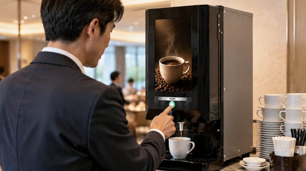 ホテルの朝食会場でセルフサービスのコーヒーマシンを操作する宿泊客